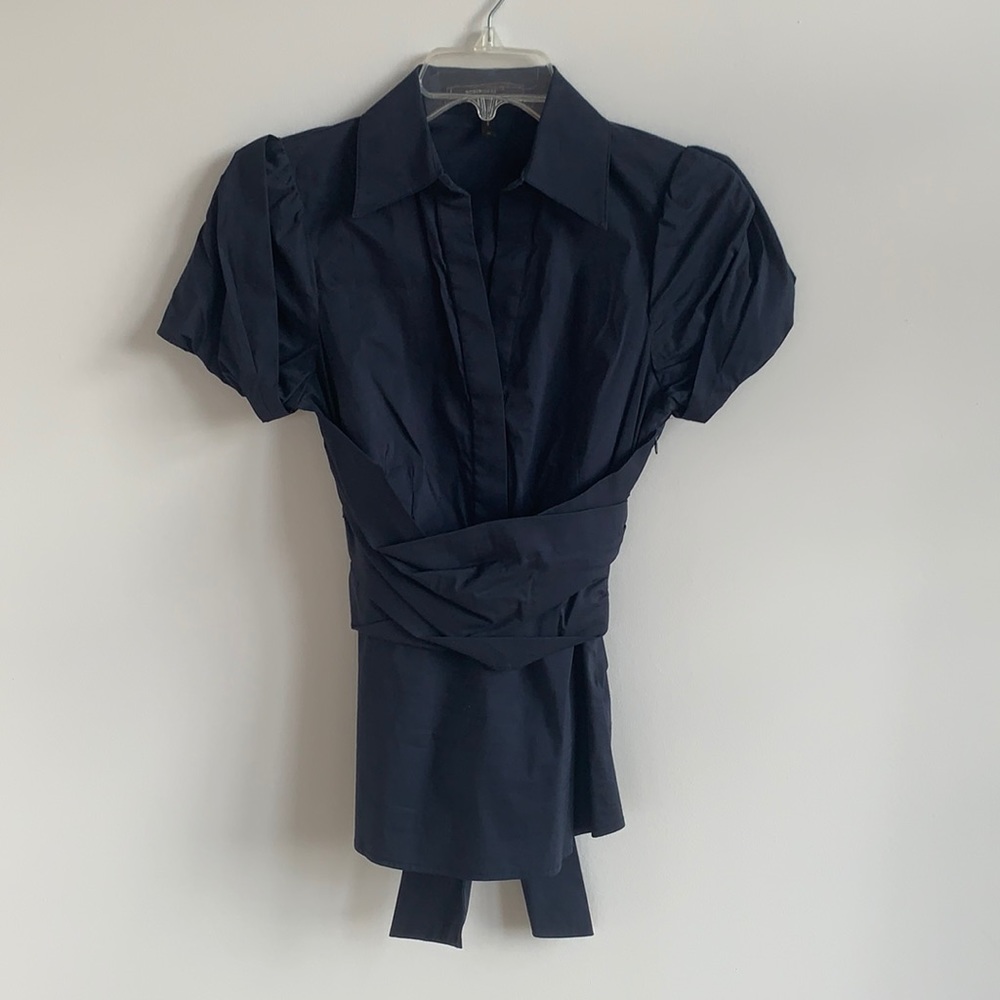BCBGMaxAzria Navy Wrap-Style Short Sleeve Blouse